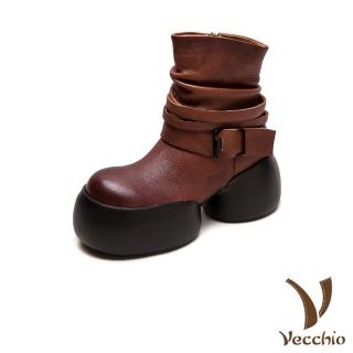【Vecchio】真皮短靴 粗跟短靴 厚底短靴/全真皮頭層牛皮復古皮帶釦繞帶粗跟厚底短靴(棕)
