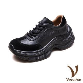 【Vecchio】真皮休閒鞋 厚底休閒鞋/真皮頭層牛皮異材質拼接復古厚底休閒鞋(黑)