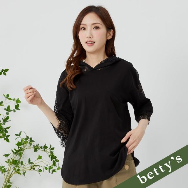 【betty’s 貝蒂思】鏤空流蘇蕾絲連帽五分袖T-shirt(黑色)