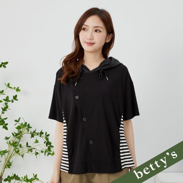 【betty’s 貝蒂思】側邊條紋拼接裝飾釦連帽T-shirt(黑色)