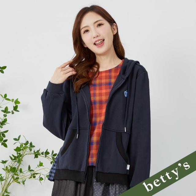 【betty’s 貝蒂思】愛心星球刺繡格紋拼接連帽外套(深藍)