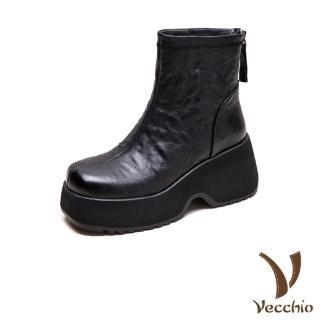 【Vecchio】真皮短靴 厚底短靴/真皮頭層牛皮純色拼接後拉鍊設計厚底短靴(黑)