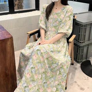 【K.W.】現貨法式浪漫綠底玫瑰棉稠寬鬆自在洋裝(共1色)
