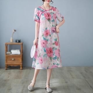 【K.W.】現貨新中式復古清新玫瑰花洋裝(共1色)