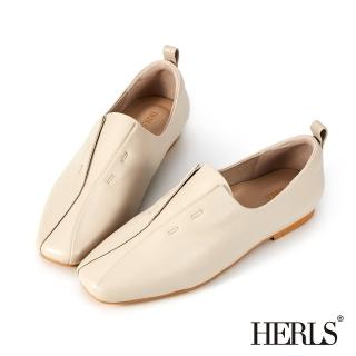 【HERLS】樂福鞋-休閒感羊皮拼接造型方頭平底樂福鞋(米色)