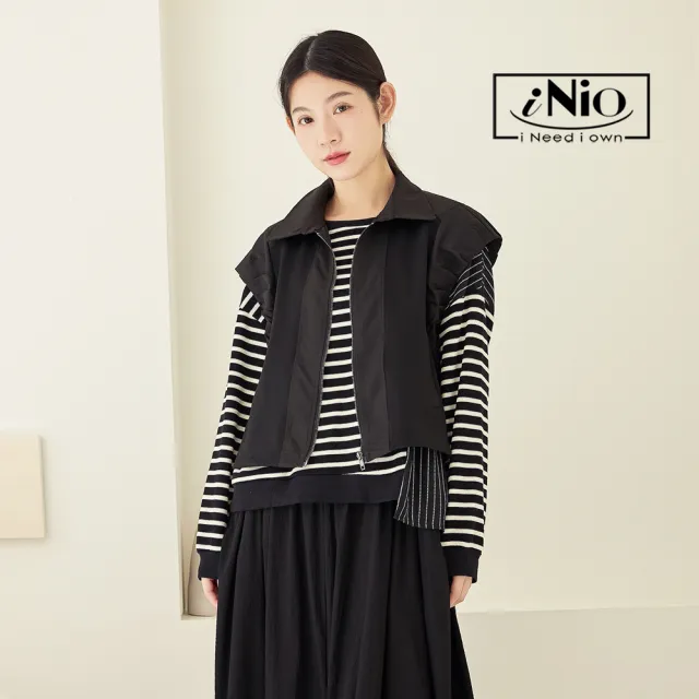 【iNio 衣著美學】背心外套 秋冬新品 現貨 小墊肩 拼接背心 無袖外套(CDW4709)