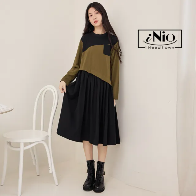【iNio 衣著美學】洋裝 秋冬新品 現貨 假兩件 撞色拼接 長袖連身裙(CDW3703)