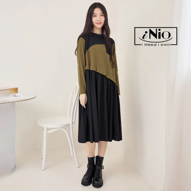 【iNio 衣著美學】洋裝 秋冬新品 現貨 假兩件 撞色拼接 長袖連身裙(CDW3703)