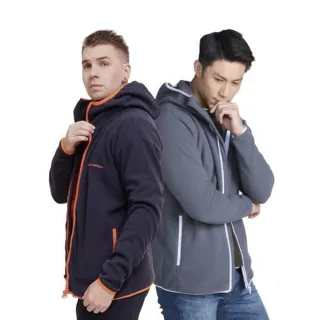 【戶外趣】男款超輕彈撞色滾邊蓄熱保暖連帽厚絨毛外套(DM1804 丈青/暗紅)