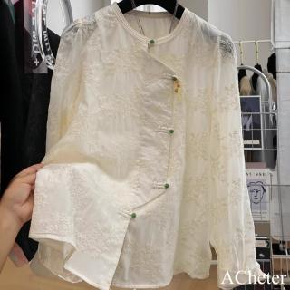 【ACheter】中式國風重工刺繡圓領蕾絲衫薄款超好看長袖短版上衣#122837(米)