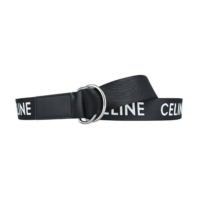 【CELINE】CELINE白字LOGO尼龍搭牛皮金屬雙環腰帶(窄版/黑x白)