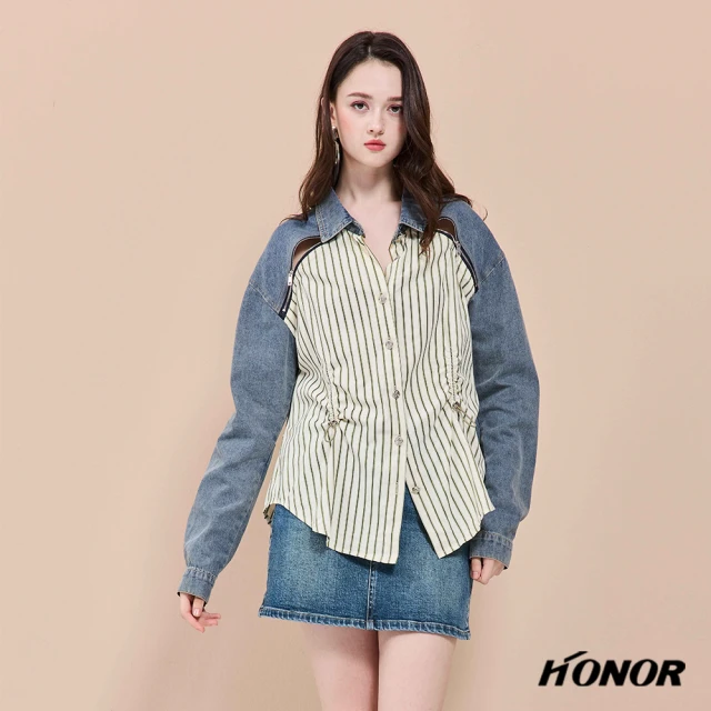 HONOR 山形屋 條紋牛仔翻領拼接襯衫-藍