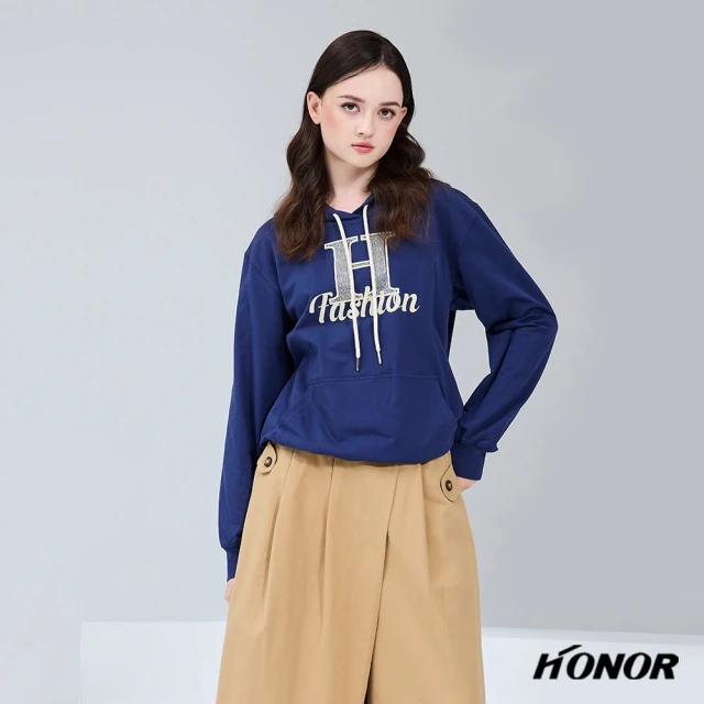 HONOR 山形屋 字母休閒連帽長袖上衣-藍