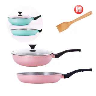 【Queen Chef】韓國礦岩鈦合金鑄造不沾鍋雙鍋 30CM(炒鍋+平底鍋+蓋 交換禮物)
