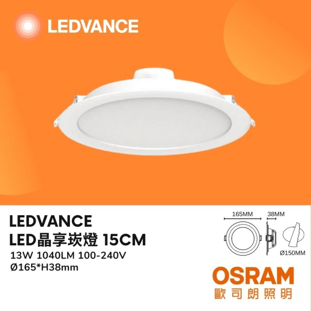 Osram 歐司朗 2入 晶享LED崁燈 13W 13瓦 15公分 15CM 薄型 三種色溫 臥室 客廳(白光 自然光 黃光)