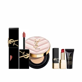 【YSL】官方直營 超模光感鎖心彩妝組(新品上市/超模光感精華水氣墊+奢華印記鎖心光唇釉)