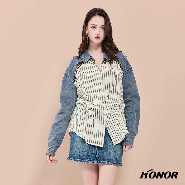 【HONOR 山形屋】條紋牛仔翻領拼接襯衫-藍