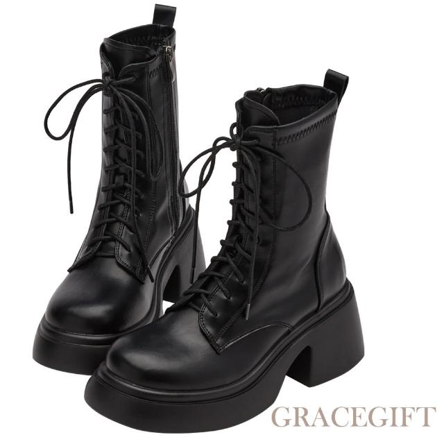 【Grace Gift】時髦圓頭輕量綁帶厚底短靴(黑)