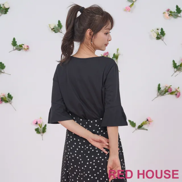 【RED HOUSE 蕾赫斯】玫瑰印花喇叭袖上衣(黑色)