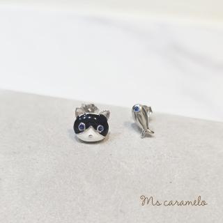 【焦糖小姐 Ms caramelo】925純銀 貓咪小魚不對稱(鋯石耳環)