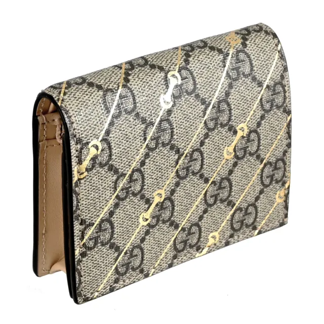 【GUCCI 古馳】GG Supreme 經典雙G LOGO馬銜扣印花扣式零錢短夾(駝)
