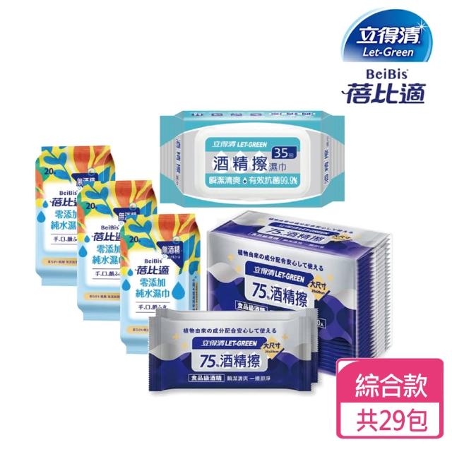 【立得清&蓓比適】75%酒精擦30片x2包+酒精擦35抽x9包+蓓比適手口臉純水濕巾20抽3入x6組(酒精濕巾 濕紙巾)