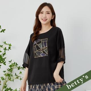 【betty’s 貝蒂思】燙金幾何線條印花雪紡七分袖上衣(黑色)
