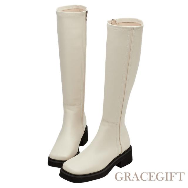 【Grace Gift】百搭專屬方頭輕量厚底長靴(米白)