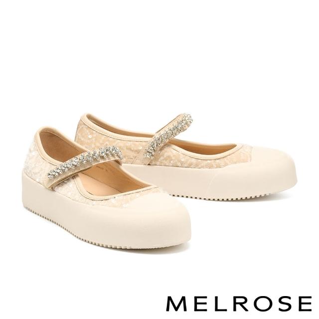 【MELROSE】美樂斯 華麗時尚晶鑽寬帶異材質瑪莉珍QQ厚底休閒鞋(米)