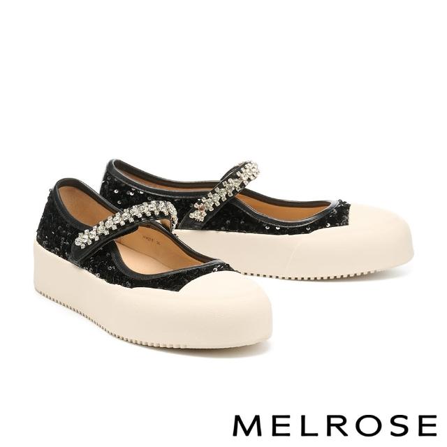 【MELROSE】美樂斯 華麗時尚晶鑽寬帶異材質瑪莉珍QQ厚底休閒鞋(黑)