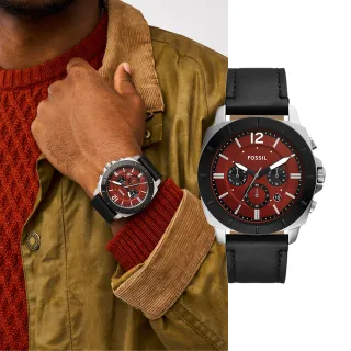 【FOSSIL 官方旗艦館】Privateer 城市型男闇紅三眼指針手錶 黑色真皮錶帶 45MM BQ2897(雙12限定)