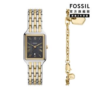 【FOSSIL 官方旗艦館】Raquel 復古女伶羅馬數字手錶手鍊套組 金色x銀色不鏽鋼鍊帶 23MM ES5376SET