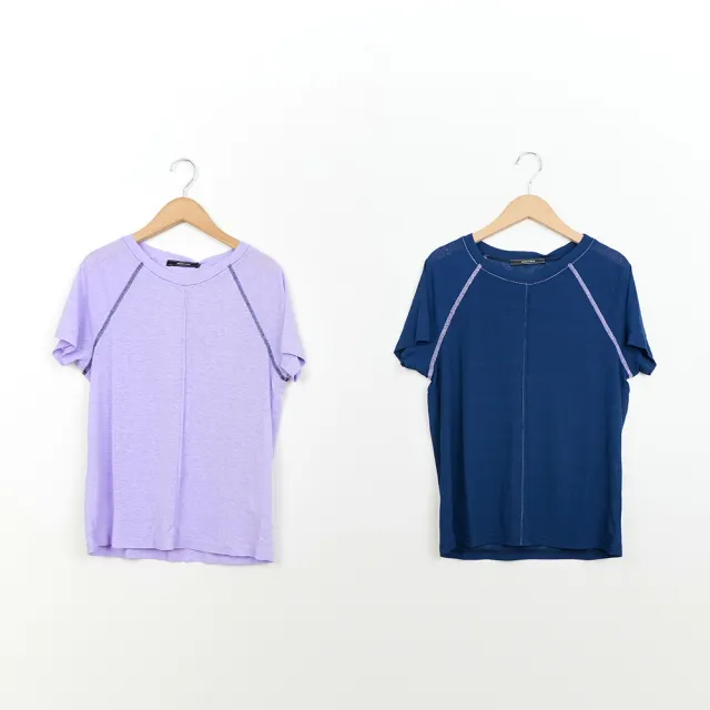 【MASTINA】配色爬線透膚拉克蘭短袖上衣(深藍 紫/魅力商品)