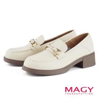 【MAGY】個性馬銜釦牛皮中跟樂福鞋(米白)