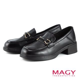 【MAGY】個性馬銜釦牛皮中跟樂福鞋(黑色)