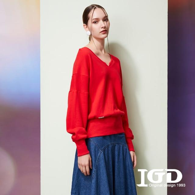 【IGD 英格麗】網路獨賣款-開襟羅紋落肩休閒上衣(紅色)