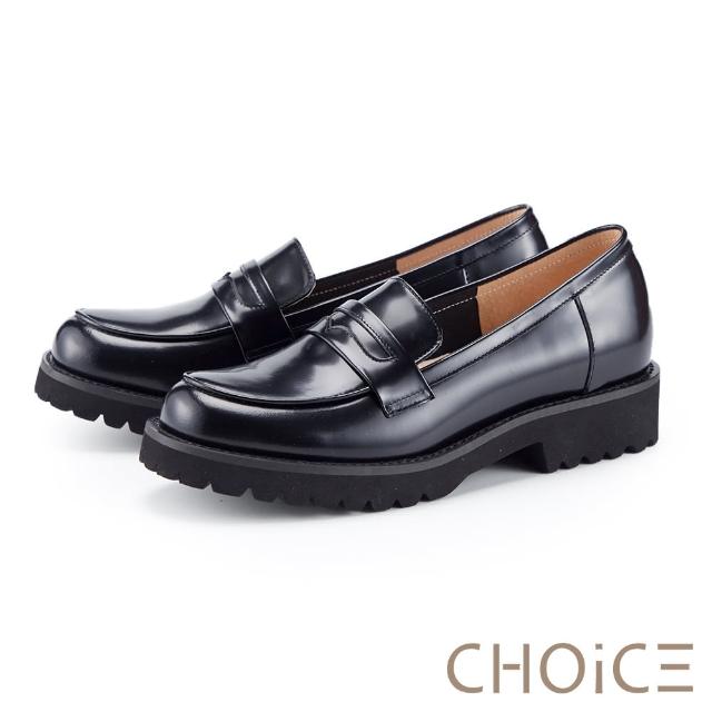 【CHOiCE】簡約質感真皮鋸齒厚底樂福鞋(黑色)