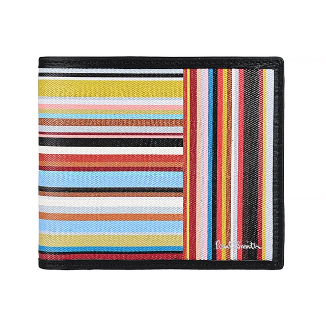 Paul Smith PAUL SMITH銀字LOGO橫豎條紋牛皮8卡對折短夾(迷你/多色x黑)