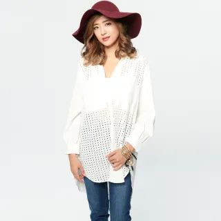 【BOBSON】女款洞洞蕾絲長版襯衫(37087-80)