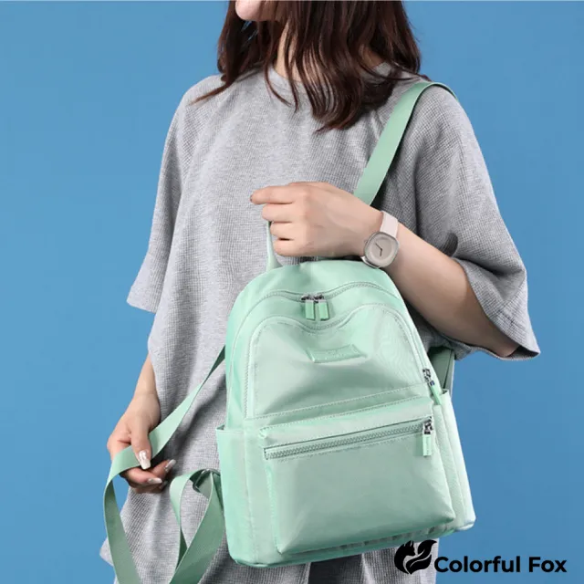 【Colorful Fox】戶外通勤防潑水尼龍後背包 雙肩包(防水包 黑／藍／卡其／粉／紫／果綠／