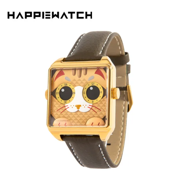 【HappieWatch】設計師品牌 立體金吉貓 方形金框 皮帶/矽膠手錶套組 小怪獸腕錶 36mm(CG36SPJJM)
