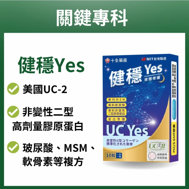 ShouChan 十全 健穩Yes軟膠囊UC-2非變性二型膠原蛋白10粒/盒(添加玻尿酸 MSM 關鍵行動力 靈活力)