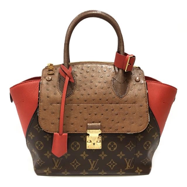 LV LOUIS VUITTON 路易威登 N91662 鴕鳥皮拼接手提包，融合經典帆布與高階皮革材質，展現品牌獨特的動物紋與數字英文字母圖案設計。此款包款適合女性、男性及中性風格，以紅色與棕色/咖啡色為主色調，是歐系精品包款中的時尚選擇。