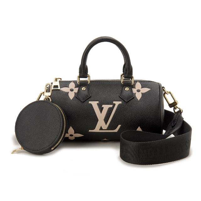 LV LOUIS VUITTON 路易威登 M45980 Papillon BB Monogram 雙色牛皮迷你圓筒包，全新真品，購於歐美專賣店。採用柔軟粒面壓花牛皮與柔軟粒面牛皮飾邊，內裡為微纖維襯裡，提供優雅時尚的攜帶體驗。拉鍊式開口設計，搭配可調節背帶，適合斜背或側背使用，輕巧實用，小於A4尺寸，適合日常出勤與休閒搭配。