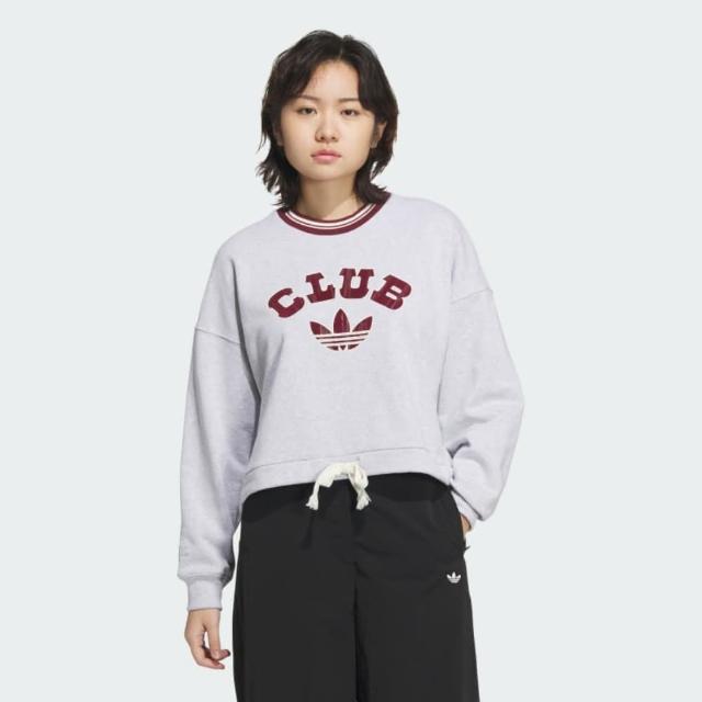 【adidas 愛迪達】長袖上衣 女款 運動 亞規 三葉草 VRCT CREW W2 灰紅 JD6376