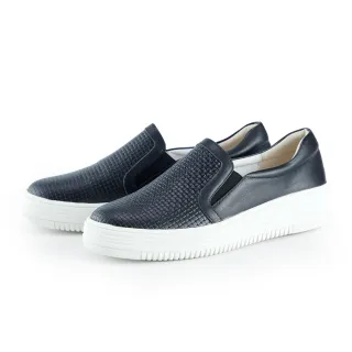 【MAGY】全真皮編織壓紋厚底休閒鞋(黑色)