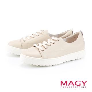 【MAGY】率性真皮綁帶平底休閒鞋(杏色)