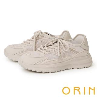 【ORIN】牛皮拼接網布綁帶厚底休閒鞋(米色)