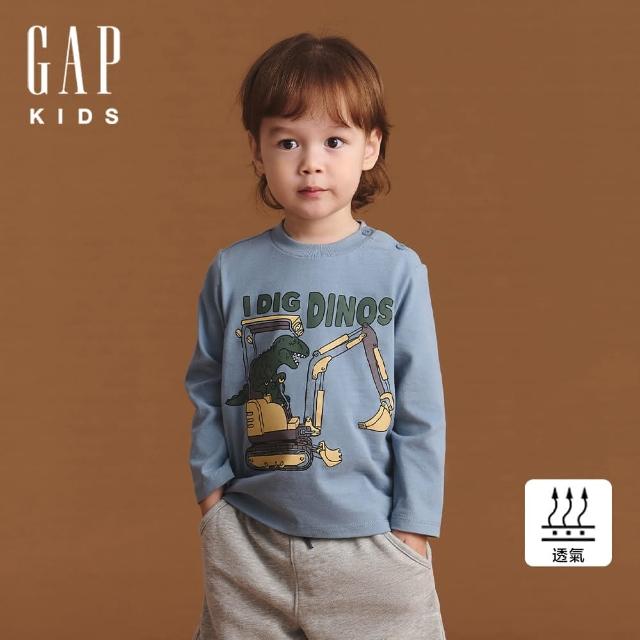 【GAP】男幼童裝 純棉印花圓領長袖T恤-藍色(645067)