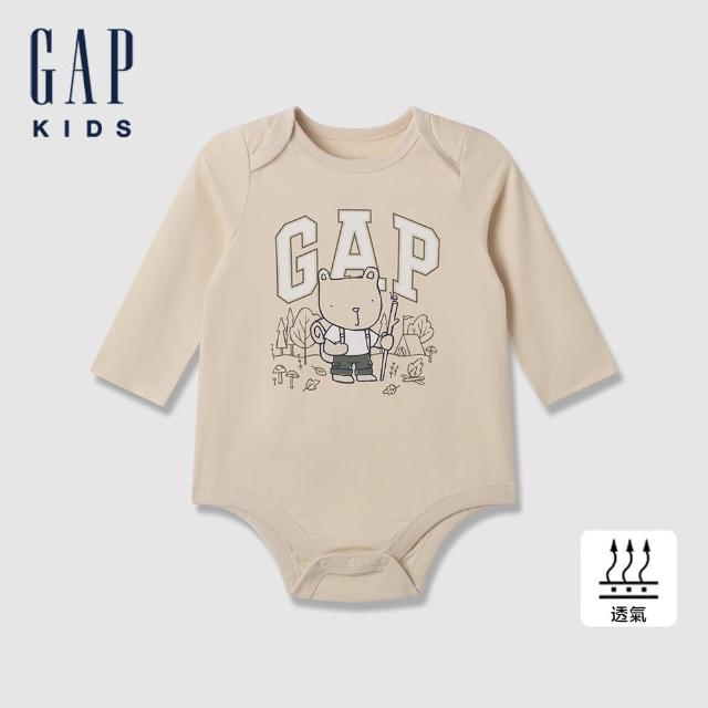 【GAP】嬰兒裝 Logo純棉小熊印花圓領長袖包屁衣-米色(645073)